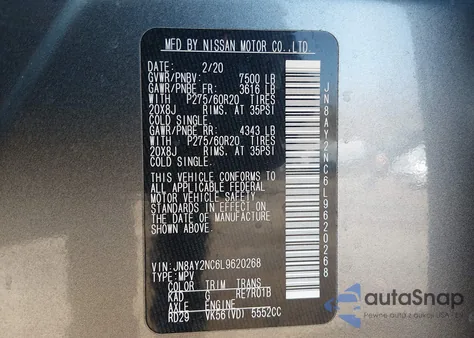 2020 Nissan Armada Sl 4Wd z USA, uszkodzony, nr VIN JN8AY2NC6L9620268